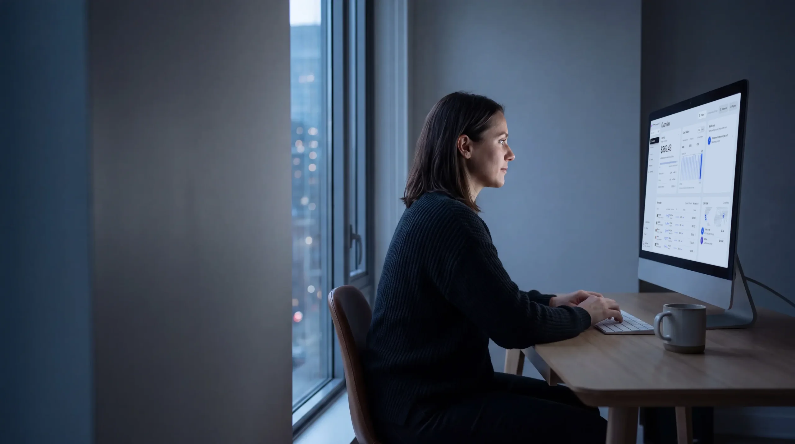 An owner at her desk at home in the evening, reviewing her Minutes Network control panel on a large monitor