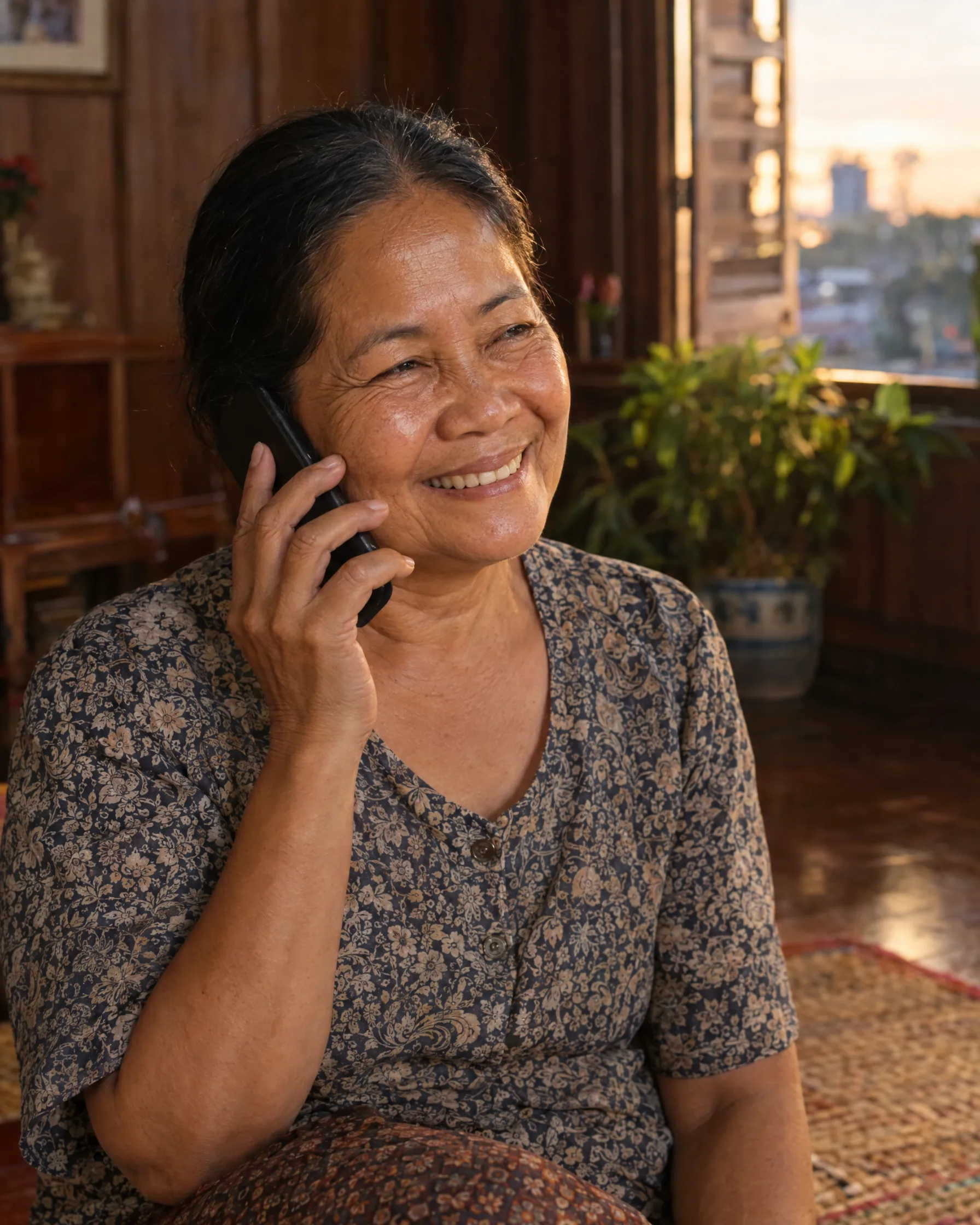 An older woman at home in Phnom Penh smiling as she answers a call from her son abroad