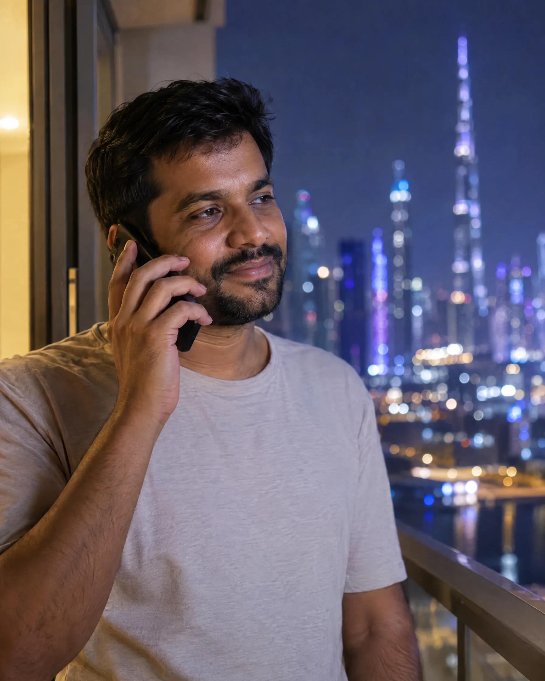 A man on a balcony at night, smiling as he talks to family on the phone, a city skyline behind him