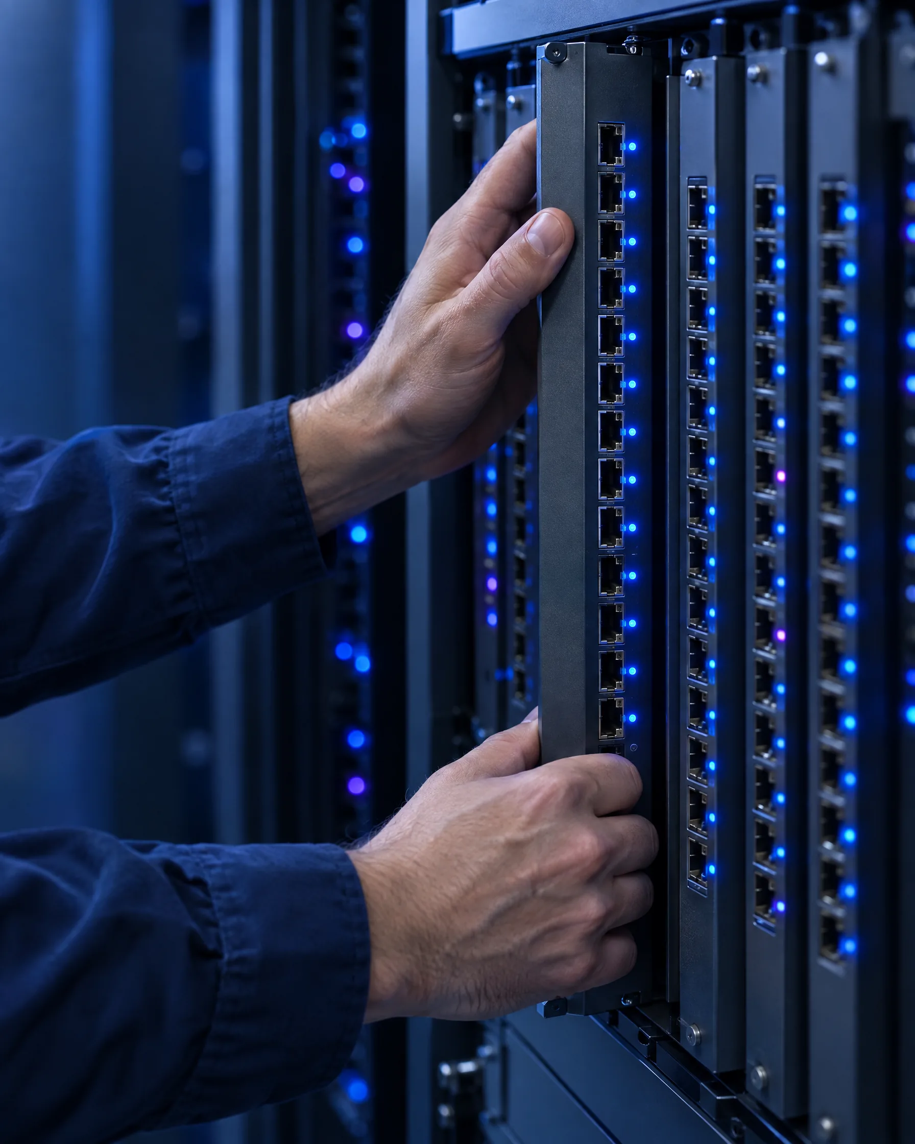 An engineer's hands sliding a line card of ports into a telecom switching chassis