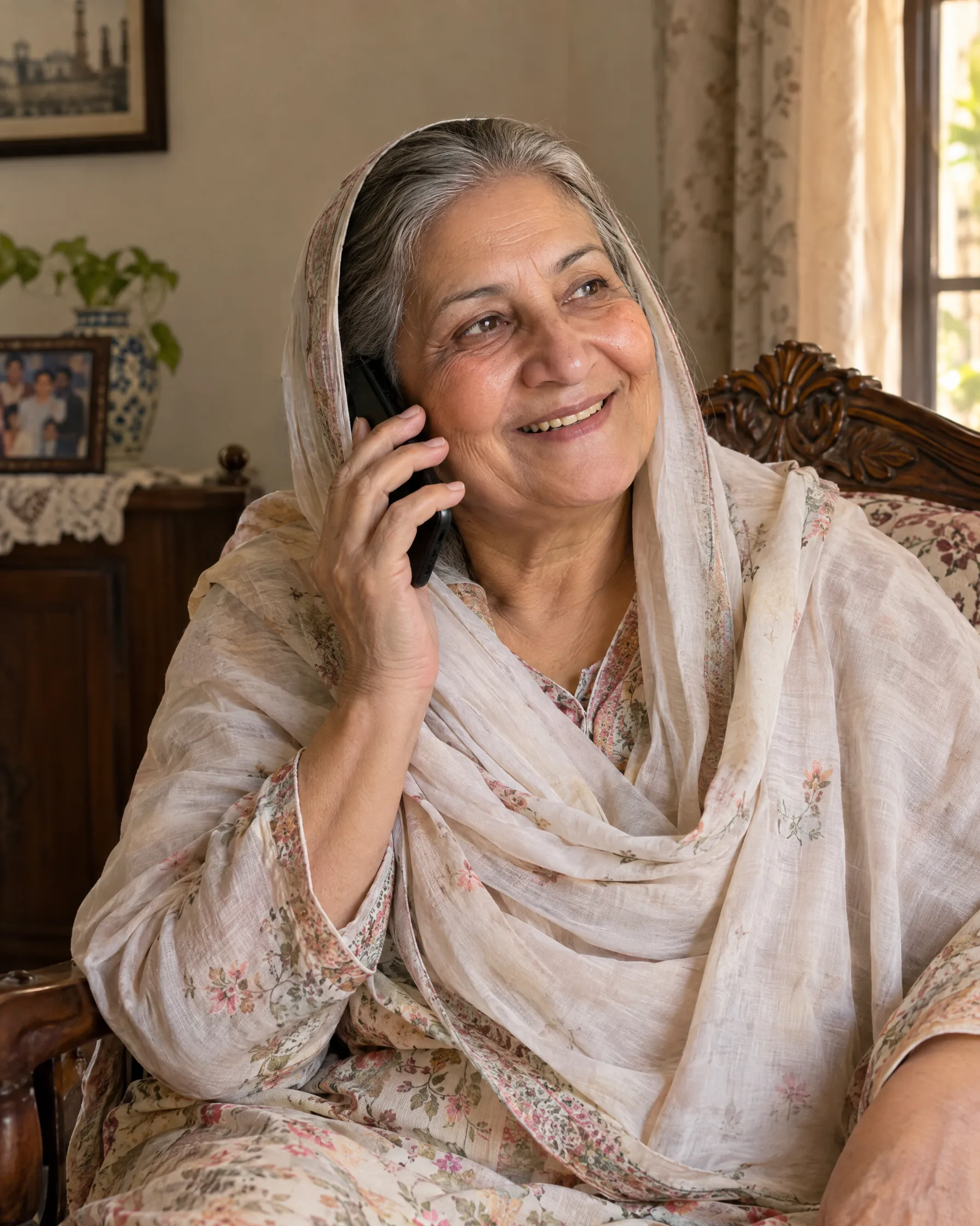 An older woman at home smiling as she answers a call from her son
