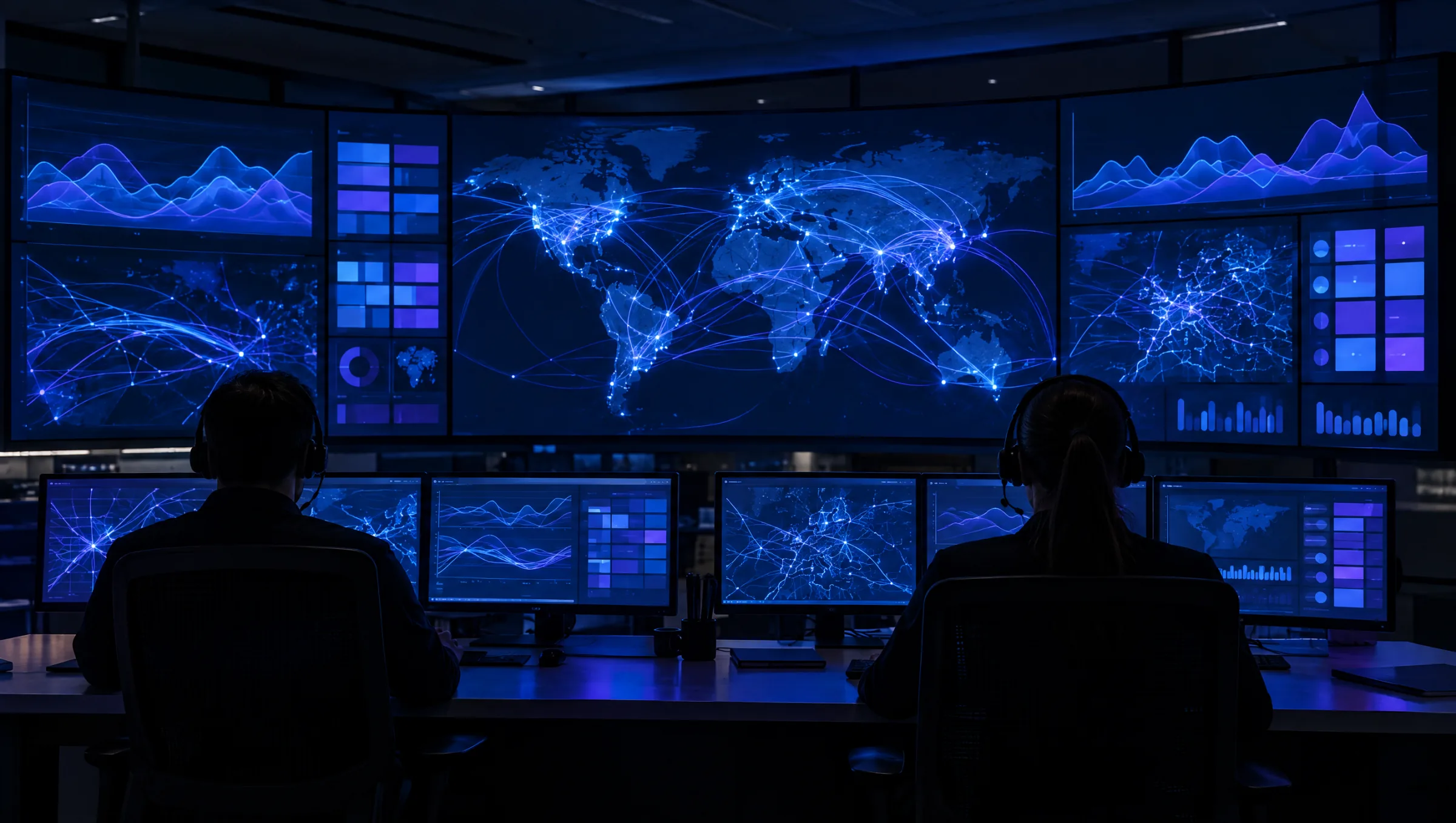 Two operators at a network operations centre facing a wall of screens showing call routes across a world map