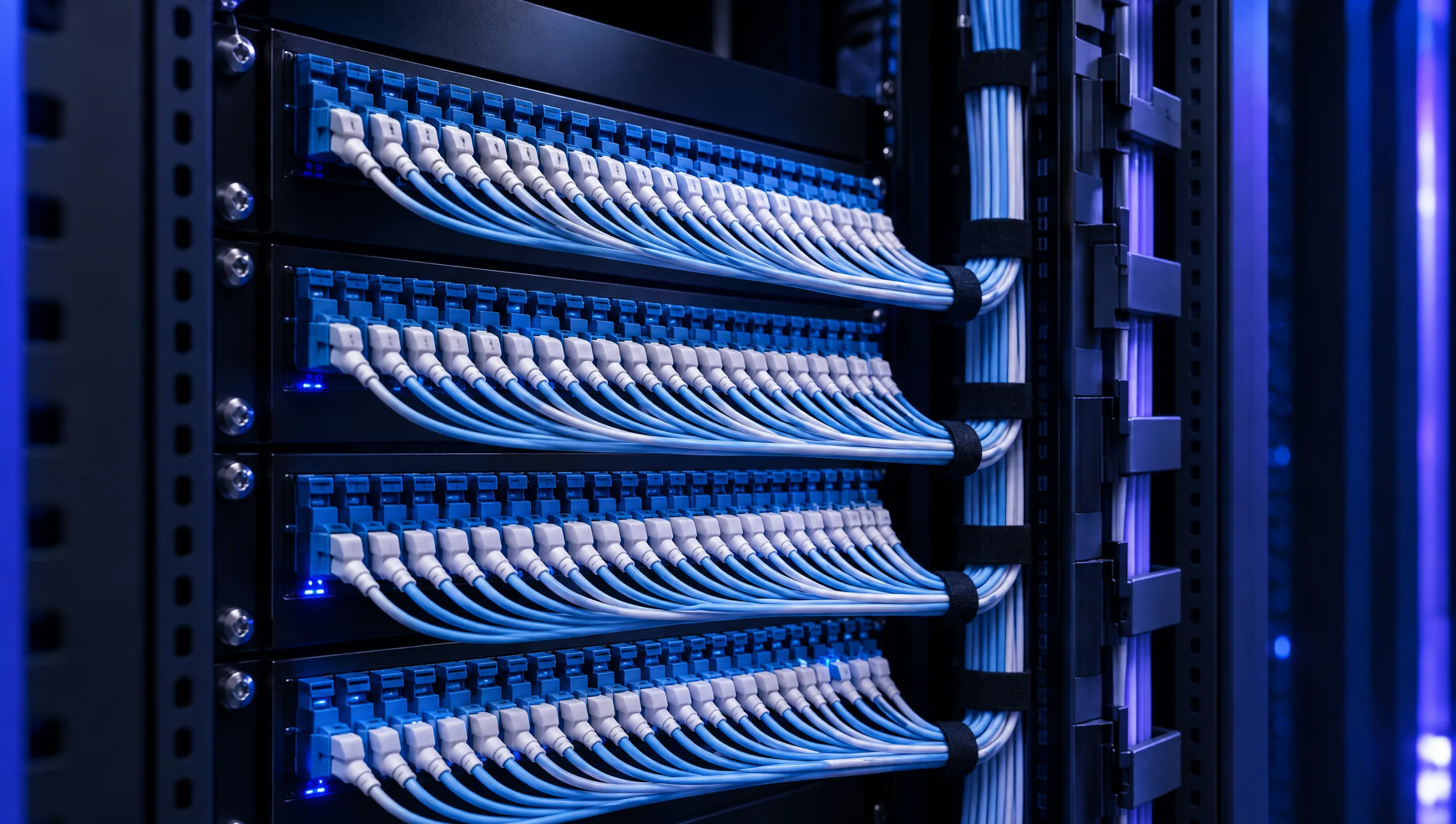 Fibre patch panels with neatly dressed white jumpers in blue connectors