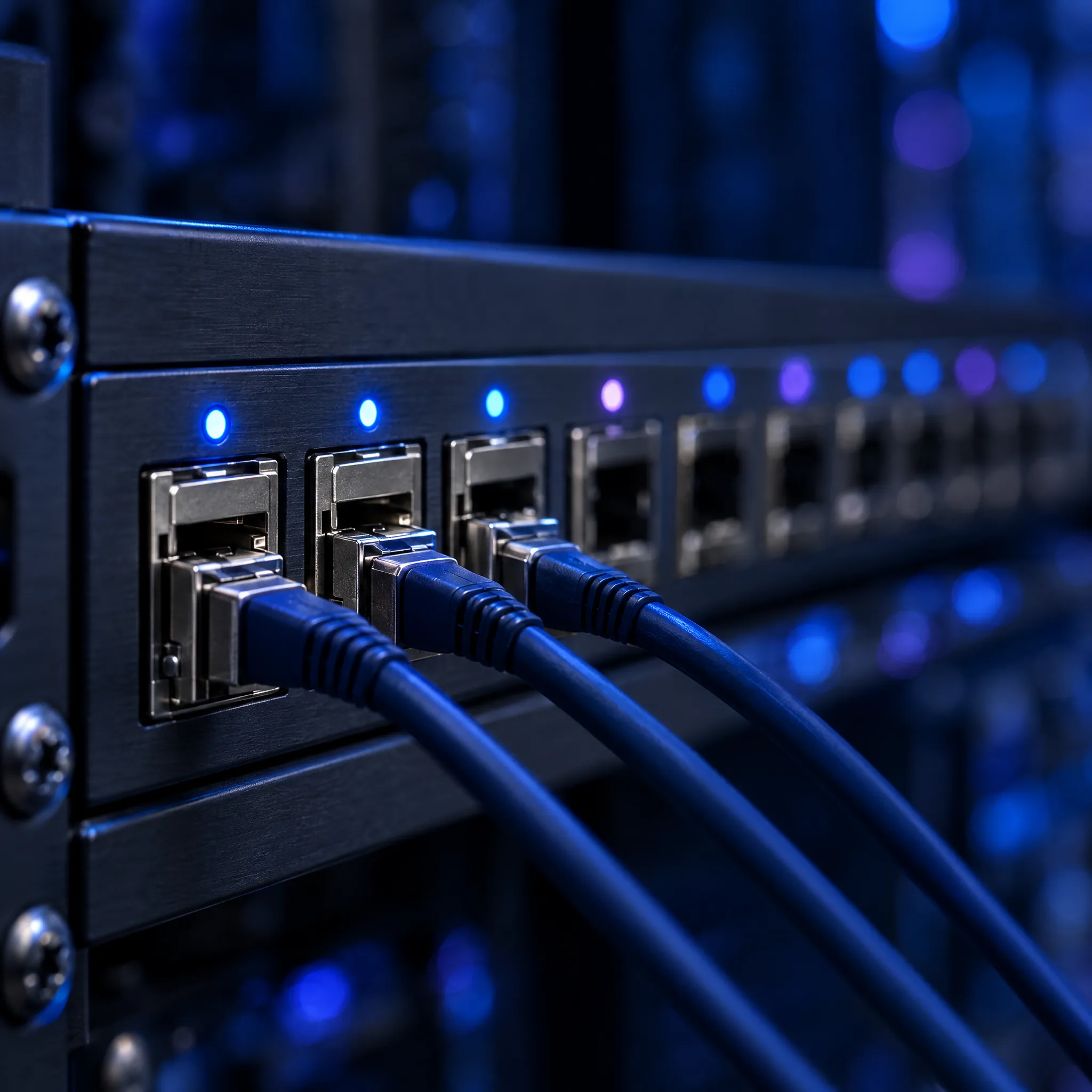 Close-up of a carrier switch with cables patched into its first ports, a blue status light lit above each one