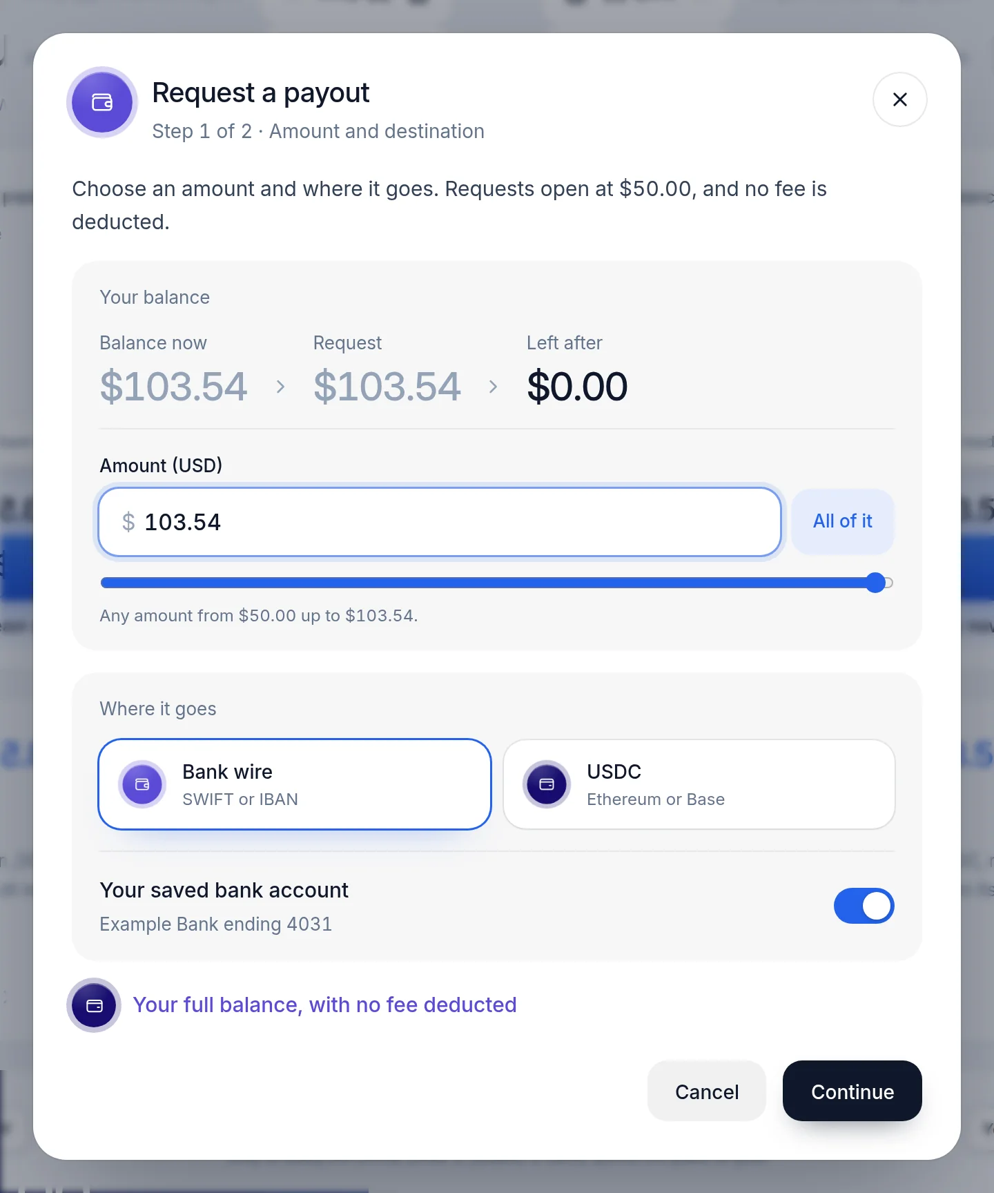 Request a payout dialog with balance, amount slider, bank wire or USDC choice and a Continue button