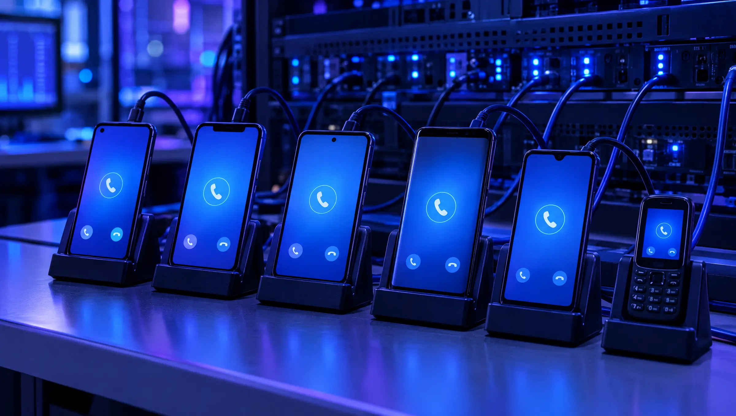 Phones on a test bench in a telecom lab, each showing a call screen