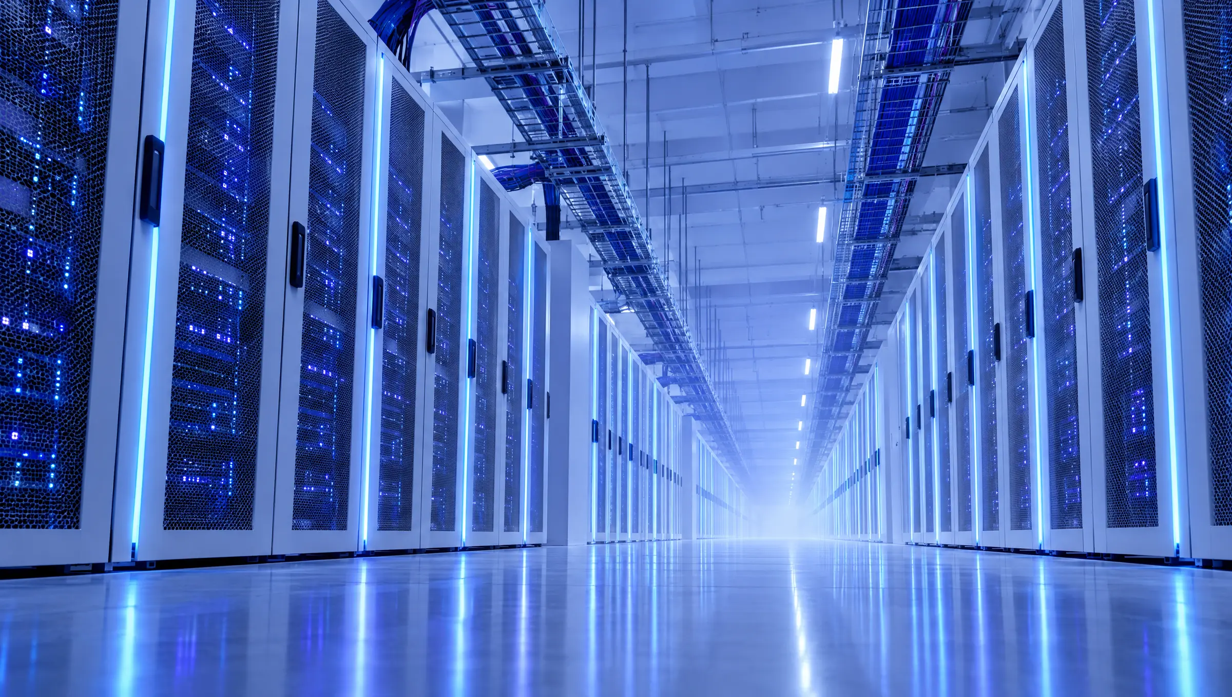 Rows of server cabinets in a cloud data centre
